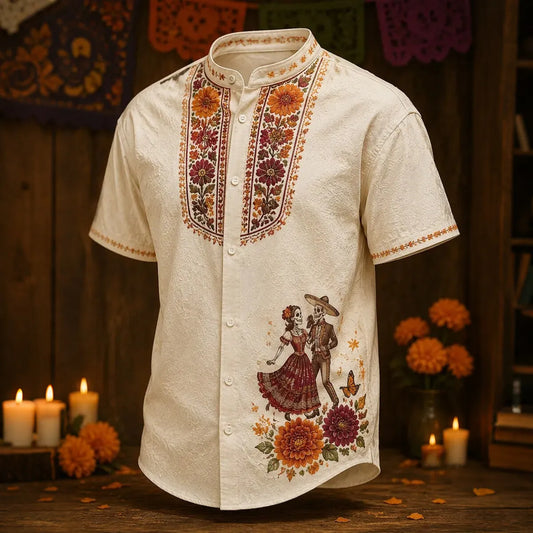 Men's Dancing Skeleton Couple And Marigolds Day of the Dead Print Stand Collar Short Sleeve Shirt