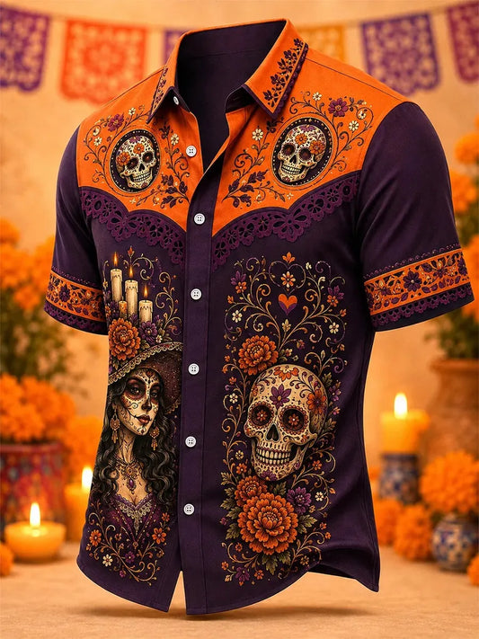 Men's Day Of The Dead Catrina Skull Candle Floral Print Short Sleeve Buttons Shirt