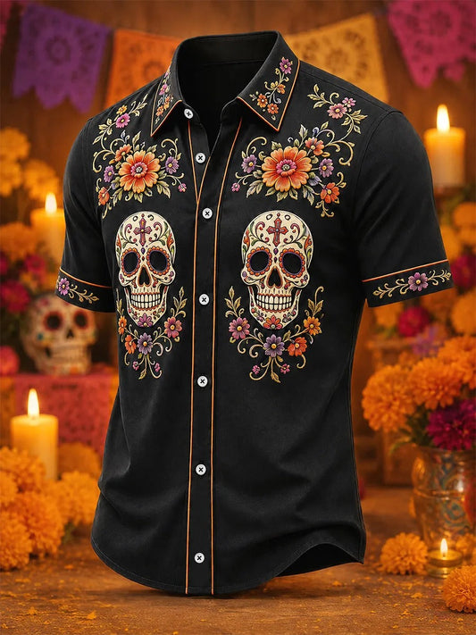 Men'S Day Of The Dead Print Short Sleeve Buttons Shirt