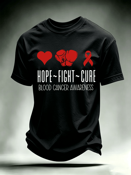 Men's T-shirts with designs promoting awareness of blood cancers
