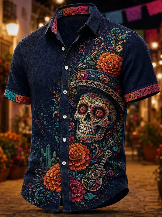 Men's Day Of The Dead Sombrero Sugar‐Skull Guitar Cactus Vibrant Marigold Swirl Floral Print Short Sleeve Buttons Shirt