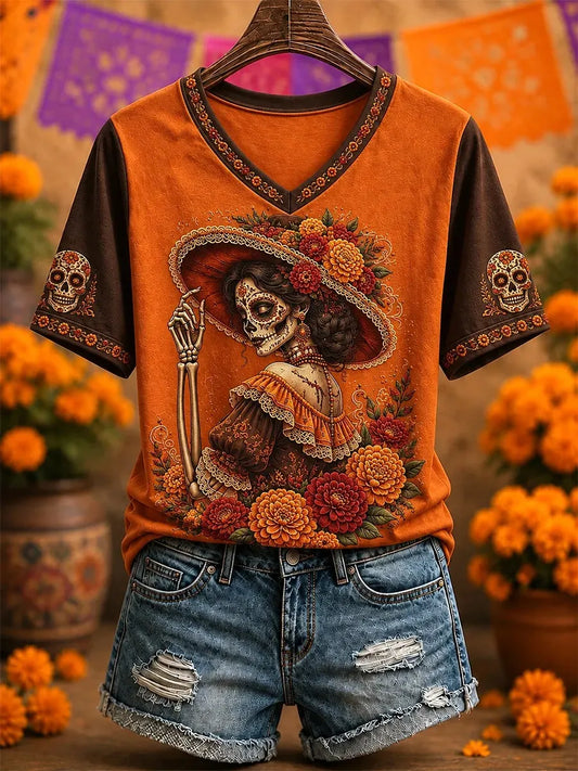 Women's Sombrero Skeleton Lady Day of the Dead Motifs Print V-Neck T-Shirt