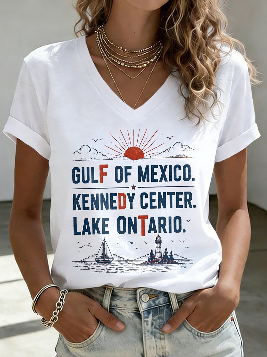 V-Neck Retro FDT Gulf Of Mexico. Kennedy Center. Lake Ontario. Print T-Shirt