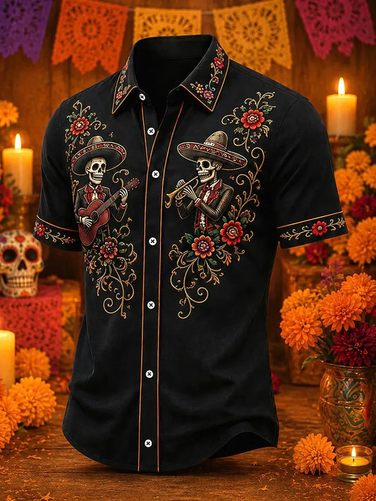 Men's Day Of The Dead Musical Skeletons With Guitars And Trumpets Print Short Sleeve Buttons Shirt