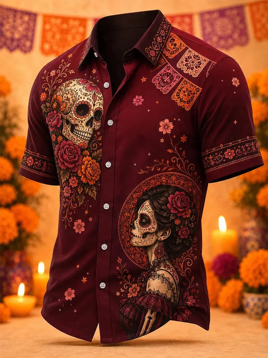 Men's Day Of The Dead Catrina Side‐Profile Skull Rose Print Short Sleeve Buttons Shirt