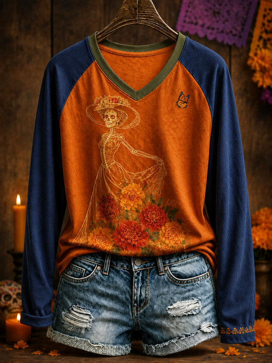 Women's Mexico Day of The Dead Floral Art Printed T-Shirt