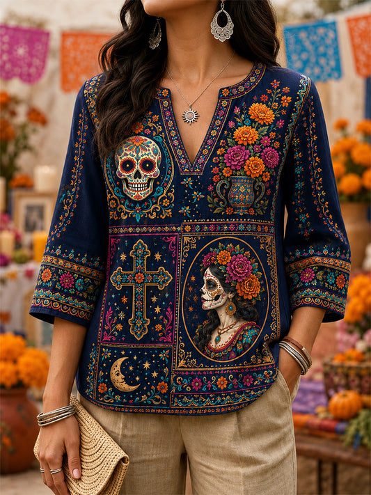 Women's Mexico Day of The Dead Art Print Casual V-Neck Top