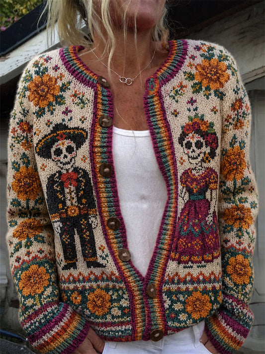 Women's Day of the Dead Sugar Skulls Mexican Floral Isle Pattern Print Cardigan