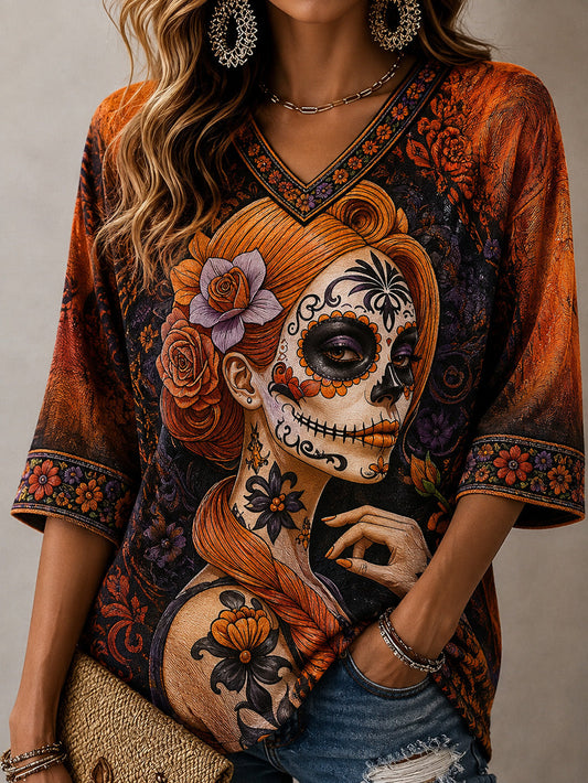 Women's Day Of the Dead Style Elements Pattern Print Casual Mid-length Sleeves V-Neck T-Shirt