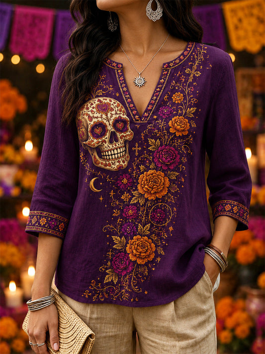 Women's Mexico Day of The Dead Art Print Casual V-Neck Top