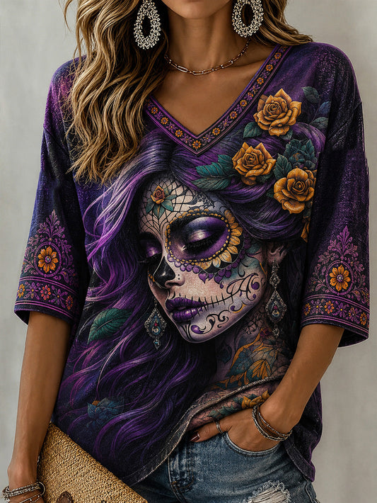 Women's Day Of the Dead Style Elements Pattern Print Casual Mid-length Sleeves V-Neck T-Shirt