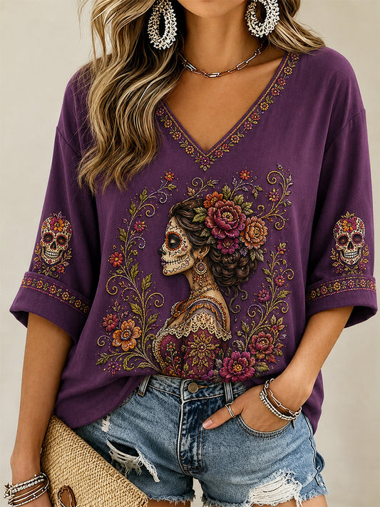Women's Mexico Day of The Dead Art Print Casual V-Neck Top