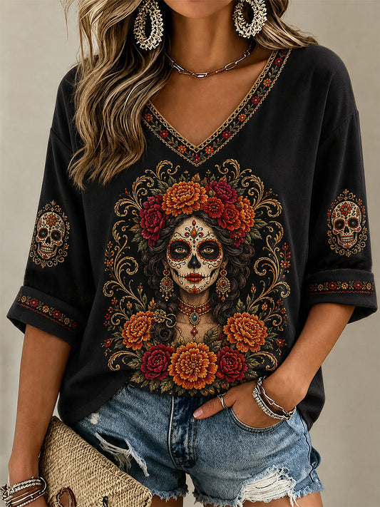 Women's Mexico Day of The Dead Art Print Casual V-Neck Top