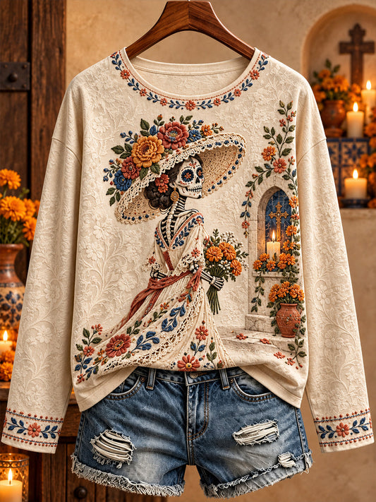 Women's Mexico Day of The Dead Floral Art Printed T-shirt