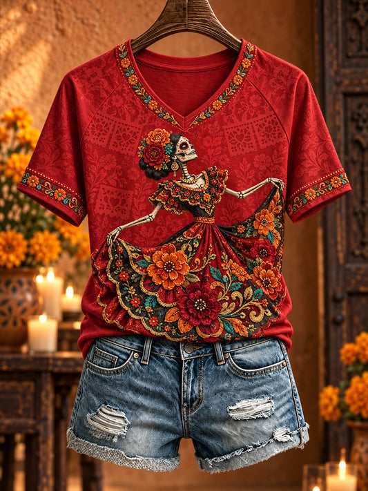 Women's Mexico Day of The Dead Floral Art Printed T-shirt